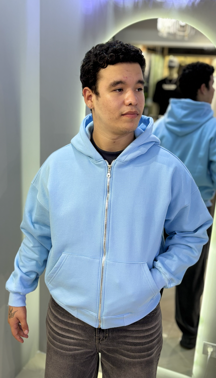 Hoodie Zip Básica Celeste